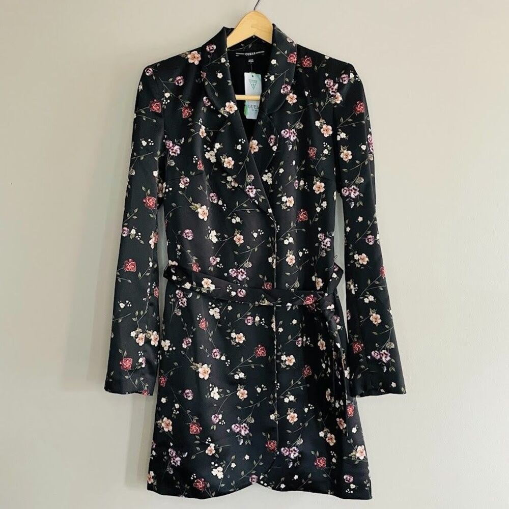 Guess Blazer Mini Dress Womens Small Black Satin Floral Double Breasted Jacket